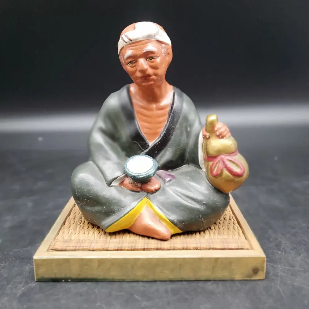 Vintage Asian Seated Man Figurine Holding Gourd Cup Woven Wood Base